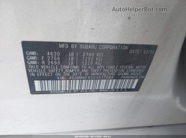 4S3BWAF62S3017294 2025 SUBARU LEGACY Белый Вид подкапотного пространства