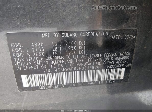 4S3BWAF67P3013930 2023 SUBARU LEGACY Серый Вид подкапотного пространства