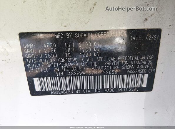 4S3BWAF67R3022856 2024 SUBARU LEGACY White Вид підкапотного простору