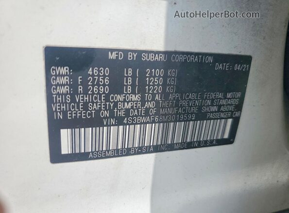 4S3BWAF68M3019599 2021 SUBARU LEGACY White 