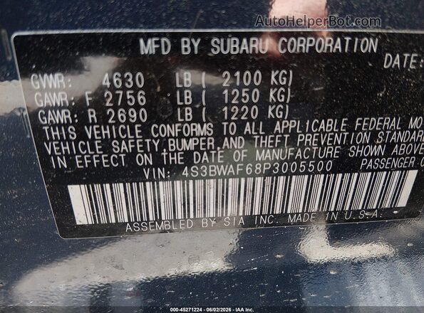 4S3BWAF68P3005500 2023 SUBARU LEGACY Blue Vista del compartimento del motor