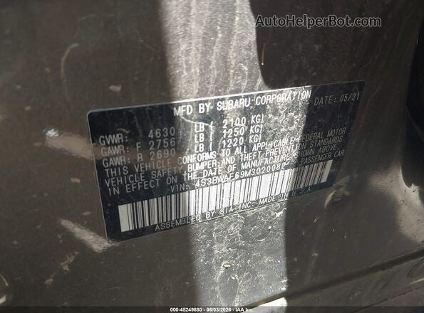 4S3BWAF69M3020082 2021 SUBARU LEGACY Gray Вид підкапотного простору