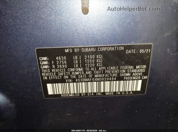 4S3BWAF6XM3020494 2021 SUBARU LEGACY Синий Вид подкапотного пространства