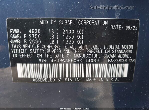 4S3BWAF6XR3014069 2024 SUBARU LEGACY Blue ძრავის განყოფილების ხედი