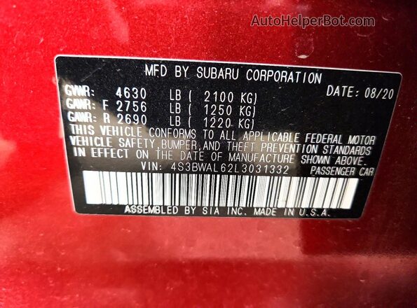4S3BWAL62L3031332 2020 SUBARU LEGACY Maroon 