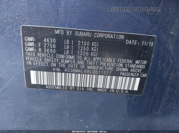 4S3BWAL68L3011327 2020 SUBARU LEGACY Blue Շարժիչի բաժամունքի տեսք