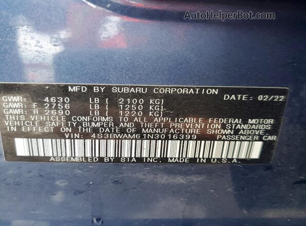 4S3BWAM61N3016399 2022 SUBARU LEGACY Blue VIN კოდის სტიკერის ხედი