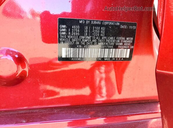 4S3BWAN63R3017946 2024 SUBARU LEGACY Red VIN sticker view