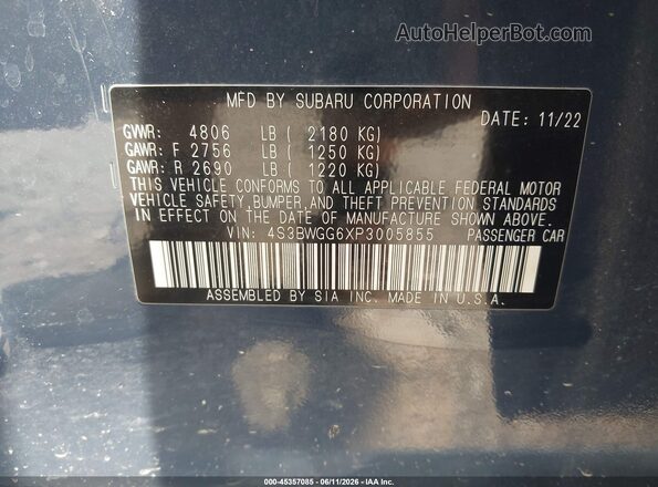 4S3BWGG6XP3005855 2023 SUBARU LEGACY Blue ძრავის განყოფილების ხედი