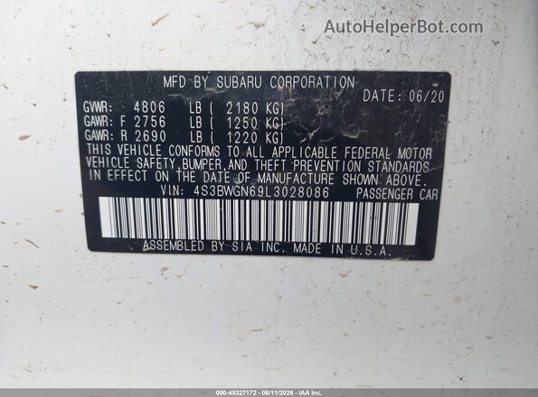 4S3BWGN69L3028086 2020 SUBARU LEGACY White 