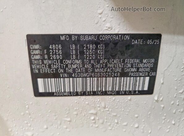 4S3BWGP60S3025248 2025 SUBARU LEGACY White Widok naklejki z numerem VIN