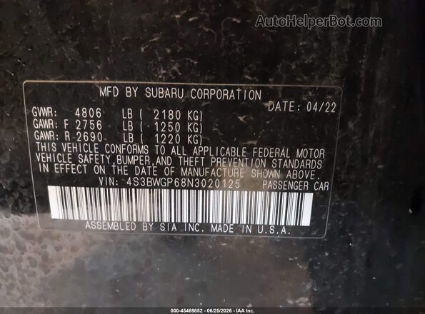 4S3BWGP68N3020125 2022 SUBARU LEGACY Black Engine compartment view