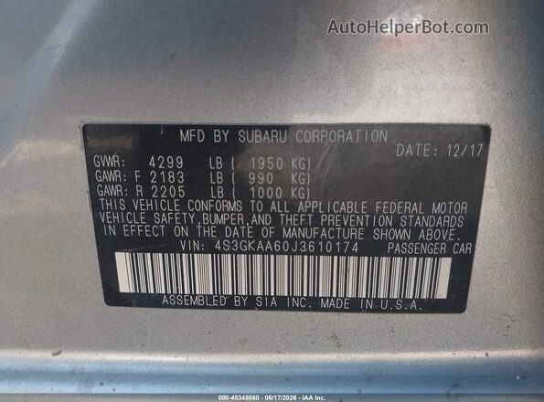4S3GKAA60J3610174 2018 SUBARU IMPREZA Silver Widok komory silnika
