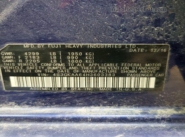 4S3GKAA64H3603383 2017 SUBARU IMPREZA Blue Vista del compartimento del motor