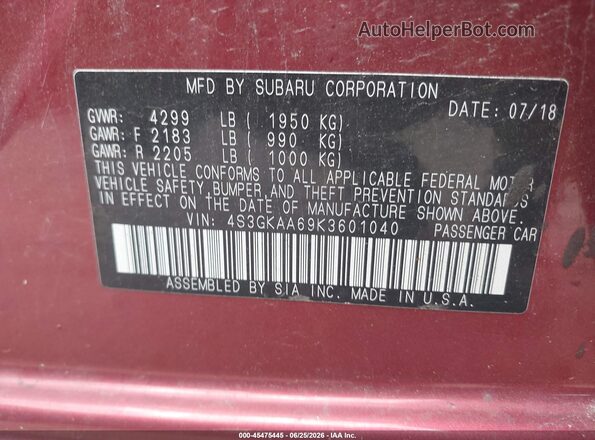 4S3GKAA69K3601040 2019 SUBARU IMPREZA Red ძრავის განყოფილების ხედი