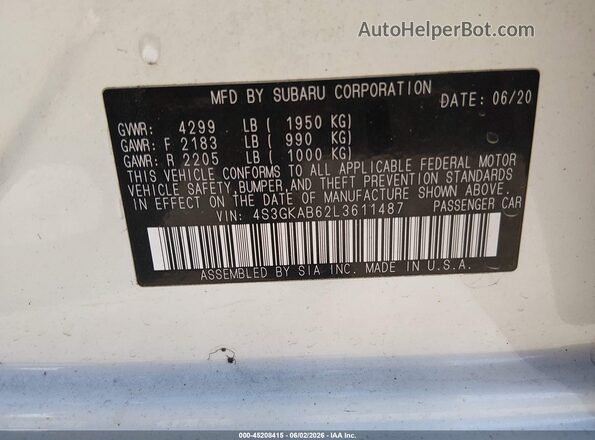 4S3GKAB62L3611487 2020 SUBARU IMPREZA White Engine compartment view