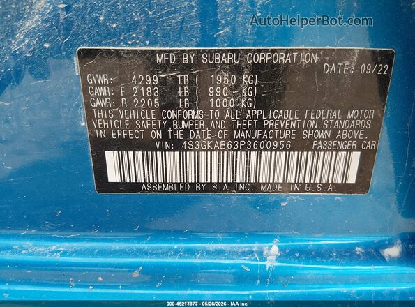 4S3GKAB63P3600956 2023 SUBARU IMPREZA Blue Vista del compartimento del motor