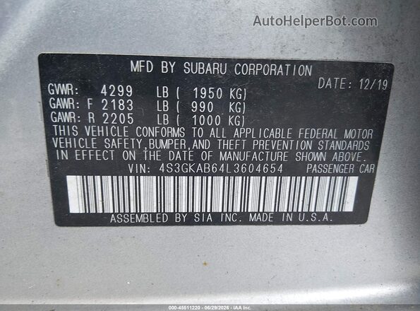 4S3GKAB64L3604654 2020 SUBARU IMPREZA Light Blue Engine compartment view