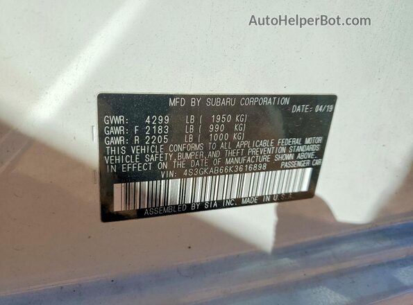 4S3GKAB66K3616898 2019 SUBARU IMPREZA Белый Вид наклейки с VIN-кодом