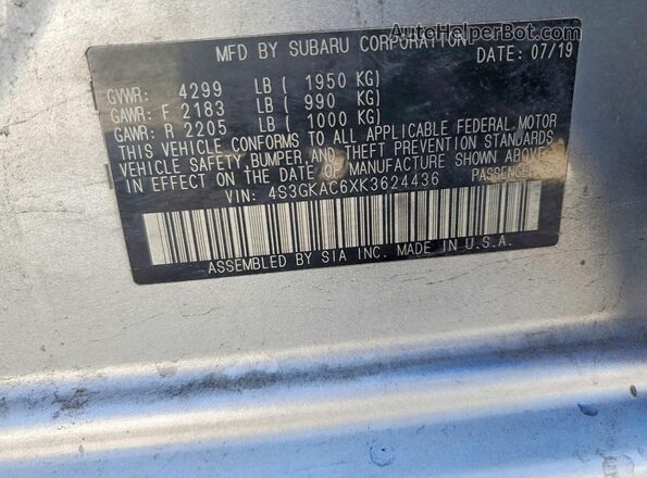 4S3GKAC6XK3624436 2019 SUBARU IMPREZA Silver Вид підкапотного простору