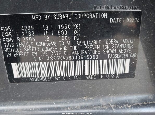 4S3GKAD60J3615063 2018 SUBARU IMPREZA Gray Вид підкапотного простору