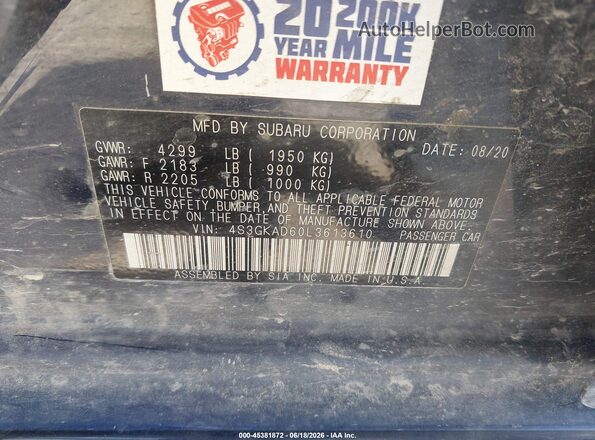 4S3GKAD60L3613610 2020 SUBARU IMPREZA Blue Vista del compartimento del motor