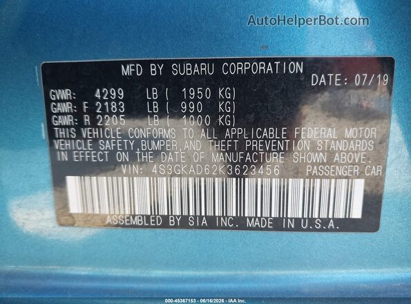4S3GKAD62K3623456 2019 SUBARU IMPREZA Синий 