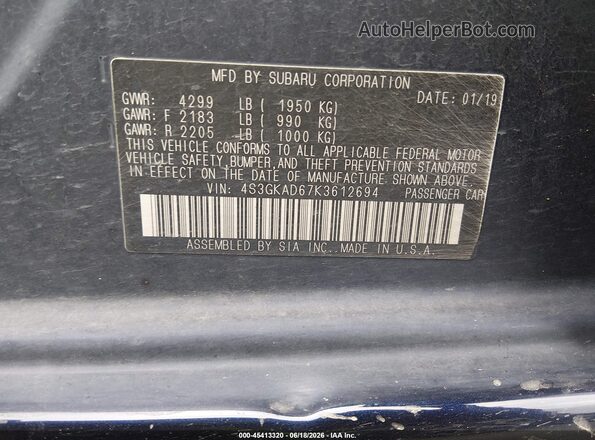 4S3GKAD67K3612694 2019 SUBARU IMPREZA Black Вид підкапотного простору