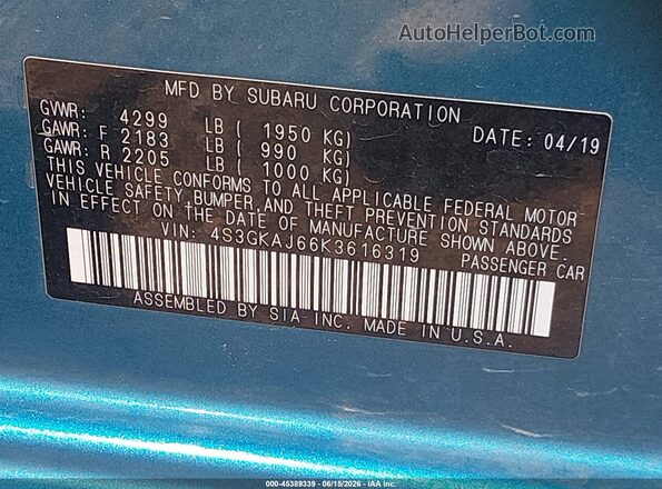 4S3GKAJ66K3616319 2019 SUBARU IMPREZA Blue Вид підкапотного простору