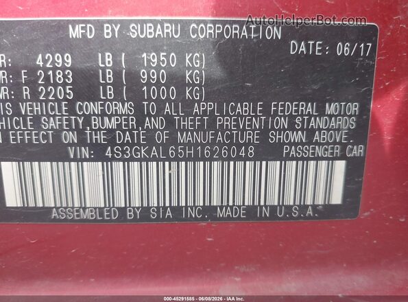 4S3GKAL65H1626048 2017 SUBARU IMPREZA Red Engine compartment view