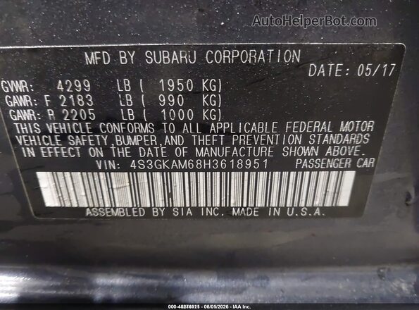 4S3GKAM68H3618951 2017 SUBARU IMPREZA Gray ძრავის განყოფილების ხედი