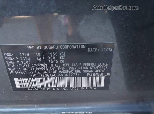 4S3GKAU65K3612774 2019 SUBARU IMPREZA Black Engine compartment view