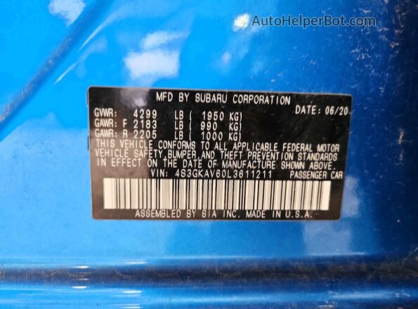 4S3GKAV60L3611211 2020 SUBARU IMPREZA Blue 