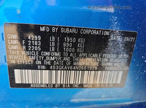 4S3GKAV64N3601929 2022 SUBARU IMPREZA Blue 
