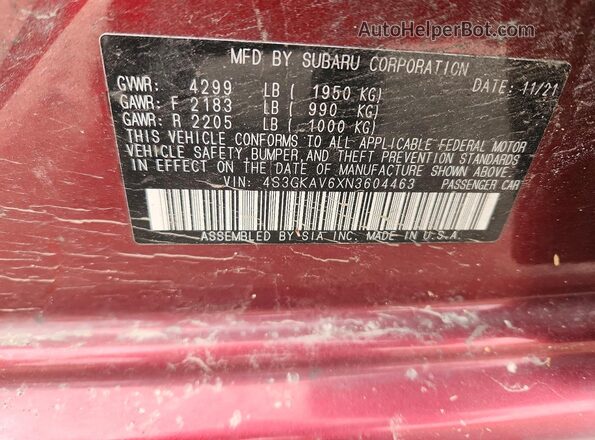 4S3GKAV6XN3604463 2022 SUBARU IMPREZA Красный Вид наклейки с VIN-кодом