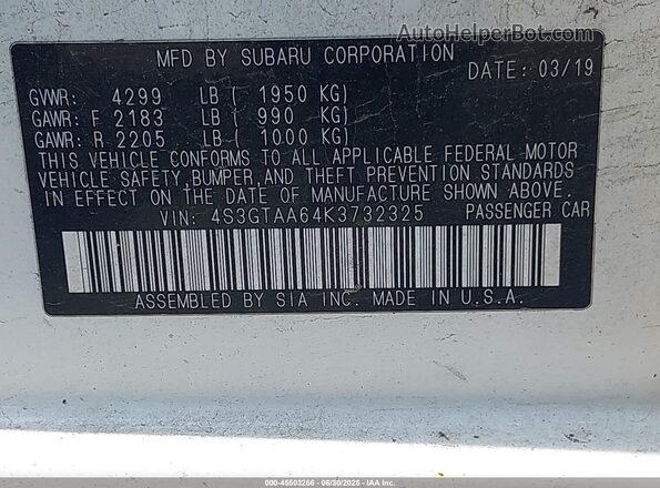 4S3GTAA64K3732325 2019 SUBARU IMPREZA Белый Вид подкапотного пространства