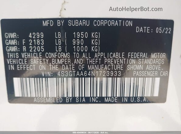4S3GTAA64N1723933 2022 SUBARU IMPREZA White 