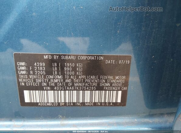 4S3GTAA67K3754285 2019 SUBARU IMPREZA Blue Engine compartment view