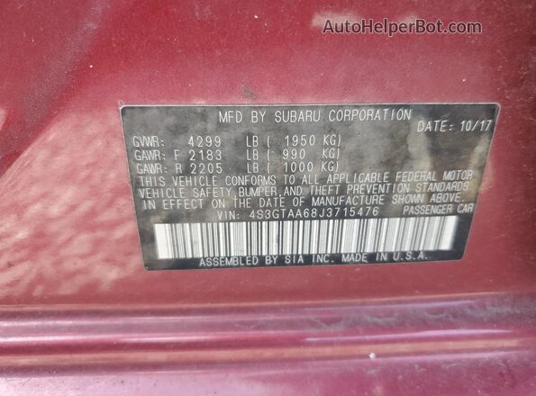 4S3GTAA68J3715476 2018 SUBARU IMPREZA Red VIN კოდის სტიკერის ხედი