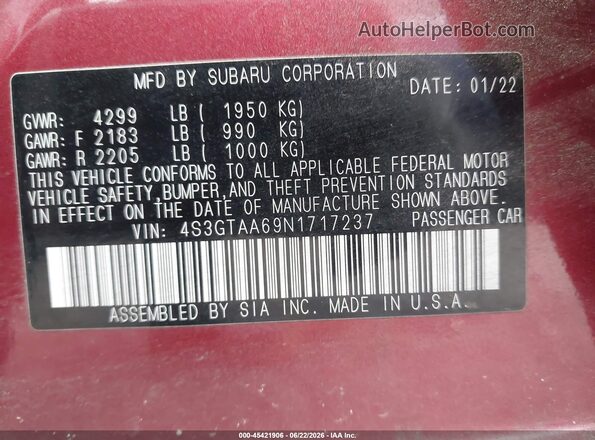 4S3GTAA69N1717237 2022 SUBARU IMPREZA Burgundy Vista del compartimento del motor