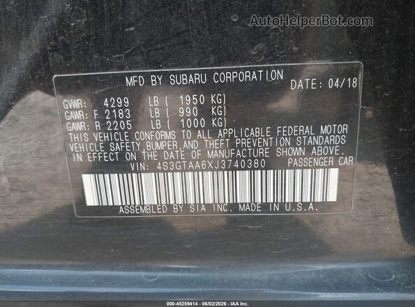 4S3GTAA6XJ3740380 2018 SUBARU IMPREZA Black Вид підкапотного простору