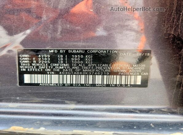 4S3GTAB60K3746219 2019 SUBARU IMPREZA Gray ძრავის განყოფილების ხედი