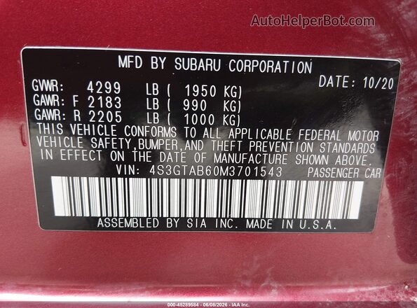 4S3GTAB60M3701543 2021 SUBARU IMPREZA Бордовый Вид подкапотного пространства
