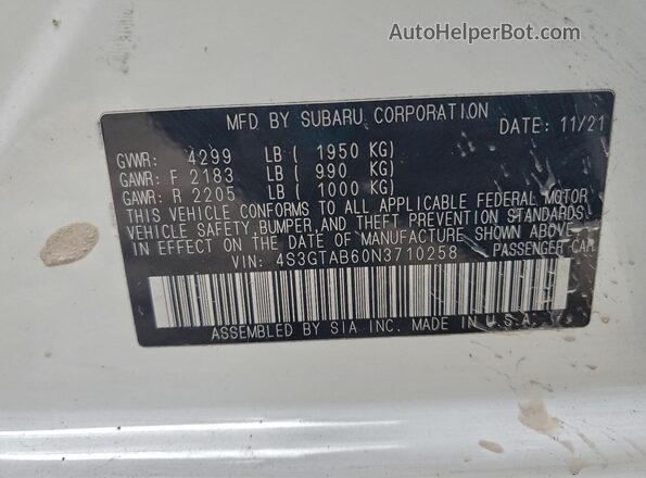 4S3GTAB60N3710258 2022 SUBARU IMPREZA White 