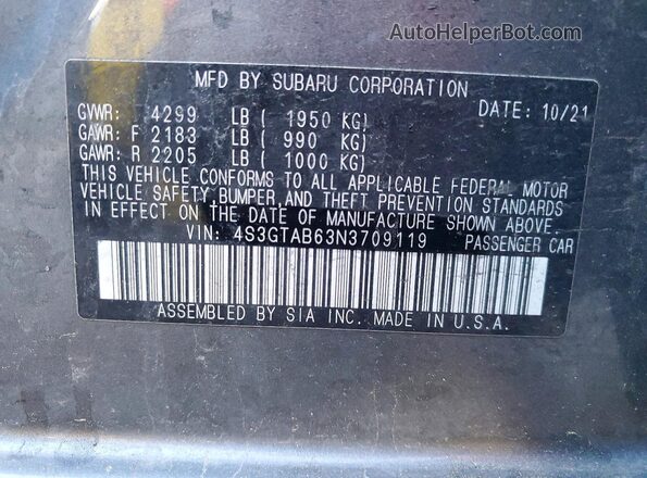 4S3GTAB63N3709119 2022 SUBARU IMPREZA Charcoal 