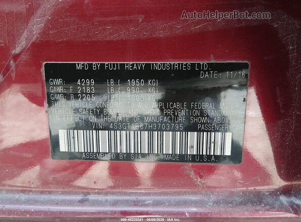 4S3GTAB67H3703795 2017 SUBARU IMPREZA Maroon Vista del compartimento del motor