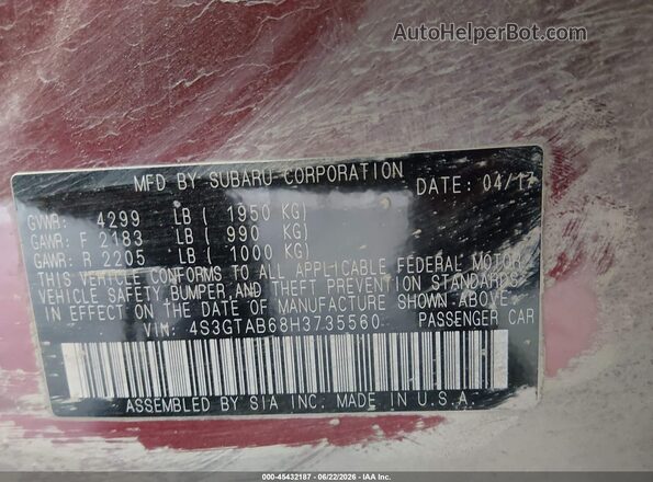 4S3GTAB68H3735560 2017 SUBARU IMPREZA Red Vista del compartimento del motor