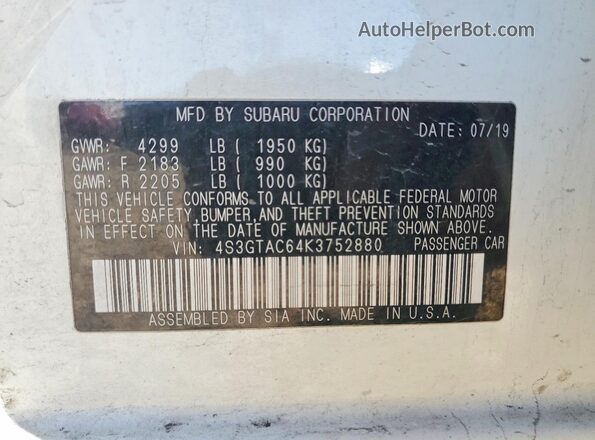 4S3GTAC64K3752880 2019 SUBARU IMPREZA Белый Вид подкапотного пространства