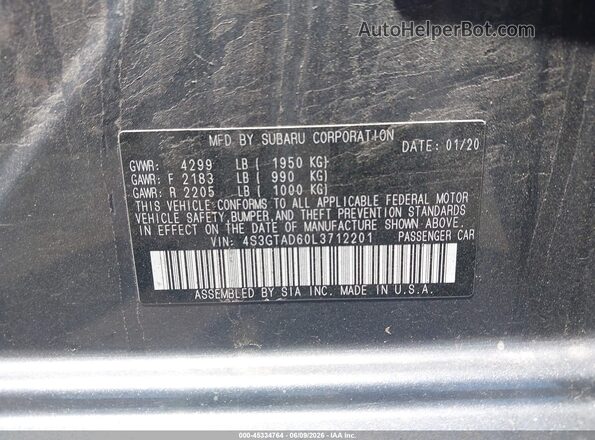 4S3GTAD60L3712201 2020 SUBARU IMPREZA Gray Vista del compartimento del motor