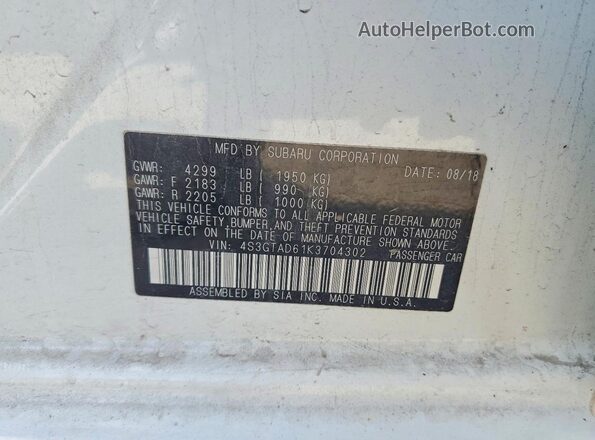 4S3GTAD61K3704302 2019 SUBARU IMPREZA White 